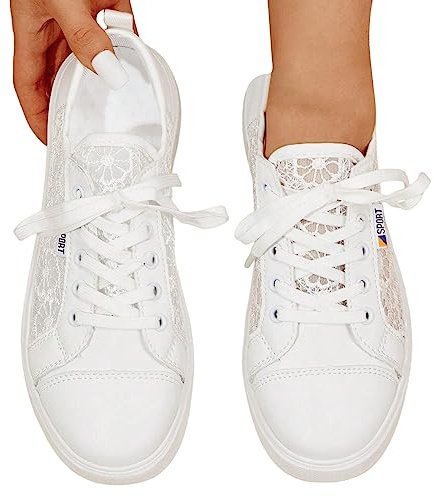 MODSGUE Baskets pour femme - Été - Légères et douces - Chaussures de mariage blanches - Chaussures plates décontractées - Tendance et respirantes - Avec dentelle brodée - Chaussures de marche en plein