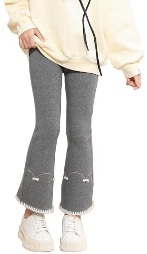 JiAmy flickor utsvängda leggings fleecefodrade byxor varma tjocka klockbyxor för flicka 3-12 år, Ljusgrå, 7-8 År