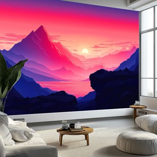 Sonnenuntergang Berge Fototapete 3D Effekt 300 x 210 cm (Breite x Höhe) - Vlies Fototapete Moderne Wandtapete Naturlandschaft Wand Schlafzimmer Wohnzimmer Dekoration