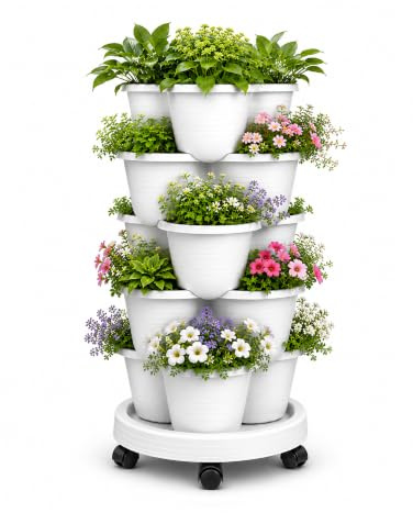 Bamworld Torre de Jardín Vertical 5 Niveles Apilable con Ruedas Bloqueables, Huerto Vertical para Interior y Exterior con Hierbas, Fresas y Verduras, Blanca