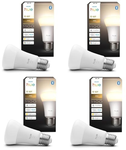 Philips Hue Bundle – 4 x weiße 1100 A60 E27 Smart-Leuchtmittel, dimmbare LED, intelligente Beleuchtung, App- und Sprachsteuerung, funktioniert mit Alexa, Google Home und Apple HomeKit