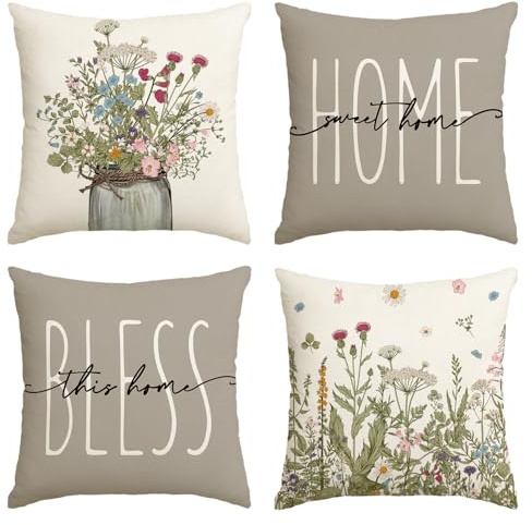 Artoid Mode Antike Kräuter Wilde Blumen Vase Frühling Kissenbezüge 4er Set, 40x40 cm Sommer Home Sweet Home Zierkissenbezug Cushion Cover Couch Deko