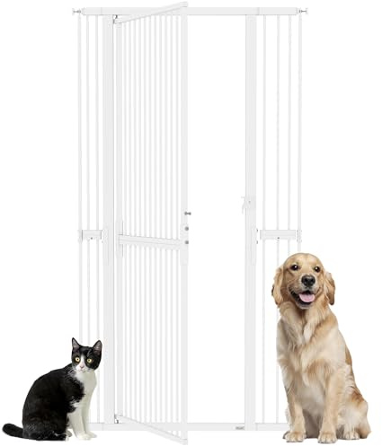PawHut Barrera de Seguridad para Perros y Gatos Extra Alta 180 cm, Barrera para Perros Extensible 77-104 cm, Separación 3,5 cm, para Puertas y Escaleras, con Montaje a Presión, 2 Extensiones, Blanco