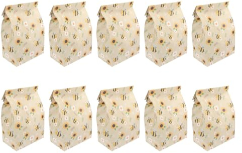 Geschenktüte aus Papier mit Bienenmuster, 10 Stück, Flache Öffnung | Kinder, Leichte Ausführung, Stabile Tragfähigkeit, Geeignet für Lebensmittelkontakt Zufällige Farbe