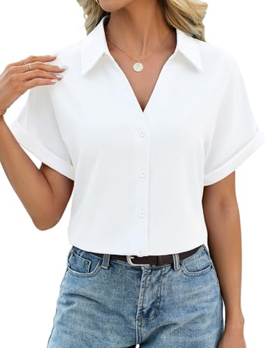 HEEKPEK Camicia Donna Estiva Camicetta Manica Corta Elegante Blusa Scollo a V Top Maniche a Pipistrello con Bottoni Maglietta Classico Tinta Unita Moda Casual Lavoro Shirt (Bianco, L)
