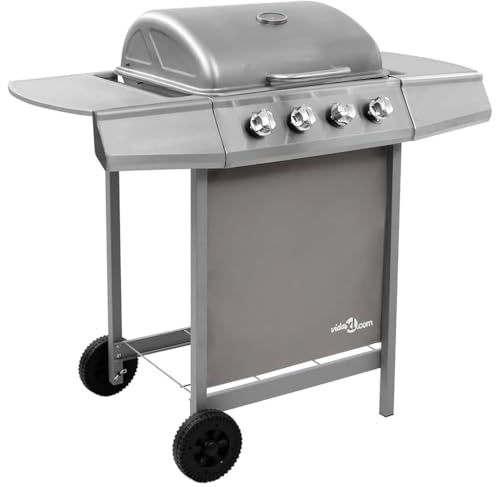 Mokuyary Barbecue Gril à gaz avec 4 brûleurs argenté Grille avec Roues, Chariot à Barbecue pour Terrasse, Extérieur, Jardin, Camping