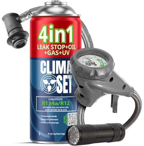 CLIMASET - Kit de Recarga de Aire Acondicionado para Coche - Kit 4 en 1 para refrigerante R134a + Manguera + Linterna - para vehículos de 1994 a 2016, Manguera Moderna y fácil de Usar, manómetro
