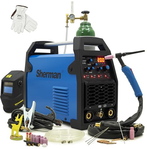 Sherman TIG 215P - Saldatrice TIG AC DC XXL, in alluminio, 230 V, attrezzatura completa, inverter 200 A, saldatrice a gas protettivo con funzione a impulsi, casco automatico, TIG 215P