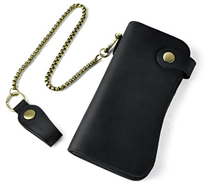 Le'aokuu Hommes Cuir véritable Portefeuilles Chéquier Chaîne de Fer Porte-Cartes bancaires (1088 Noir)