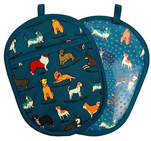 Pot Holders Set of 2 with Transparent Clear Silicone Shell and Nice Dog Flower Cotton Lining, Heat Resistant to 500 F Kitchen Oven Gloves Pot Holder for Cooking (Blue Dog, Potholders)