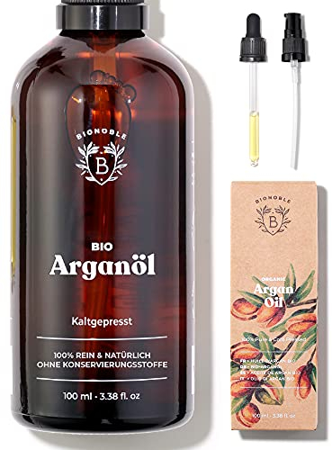 Bionoble Arganöl Bio 100ml - 100% Rein, Natürlich und Kaltgepresst - Gesicht, Körper, Haar, Bart, Nägel - Vegan, Cruelty Free - Argan Oil - Glasflasche + Pipette + Pumpe