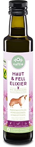 naftie Bio Öl Haut & Fell Elixier für Hunde - Futteröl - 250ml | Ölmix, Mariendistelöl, Kürbiskernöl & Leinöl, Fellglanz, Hautpflege, Nahrungsergänzung