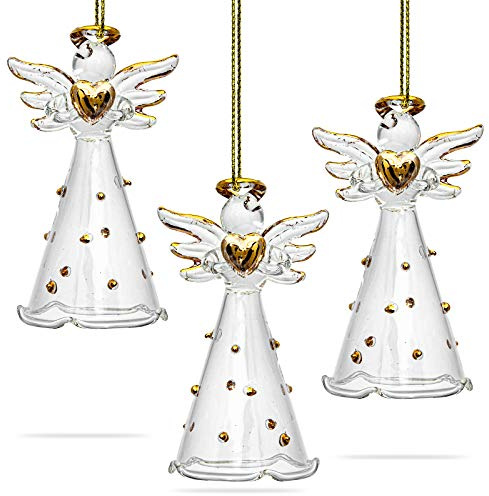 SIKORA BS269 Engel mit Herz und goldenen Punkten Christbaumschmuck Glas Figur Weihnachtsbaum Anhänger 3er Set, Farbe:3er Set