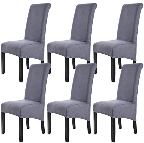 Velvet Large Size Dining Chair Covers Set of 6,Stretch Dining Room Chair Slipcovers,Removable Washable High Back Chair Protector Covers for Dining Room,Kitchen,Banquet,Home(Dark Grey,Pack of 6)