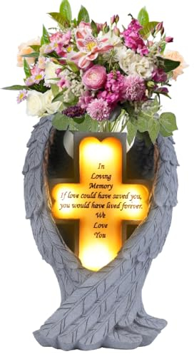 Heaven Angel Wing Cross, Graveyard Decoration, Vase with Solar LED Lamp, Resin Decorated Bereavement Statue, Gift in Memory of Relatives (White)