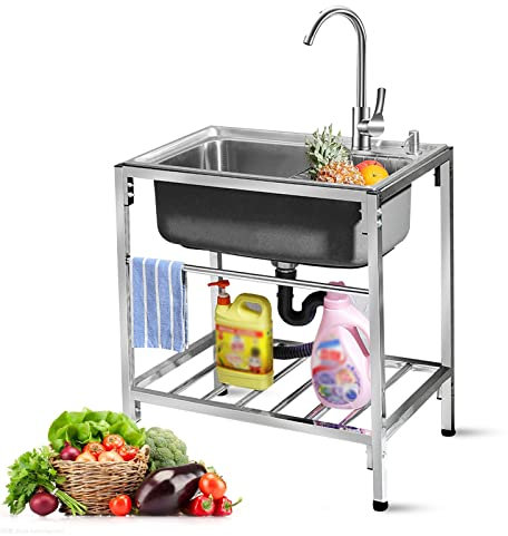 WORDFUN Lavello da Cucina in Acciaio Inossidabile, Lavabo di Utilità Mobile, Lavelli Commerciale, Cucina da Esterno con Lavello, Lavandino Esterno Inox, Lavamani Industriale, Lavello per Casa