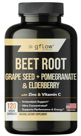 gflow vitamins Beet Root Capsules Extract - High Concentrated Formula, Elderberry with Vitamin C, Zinc, Pomegranate, Grape Seed, Nitric Oxide Supplement - Non-GMO, USA Made - 2 Months Supply