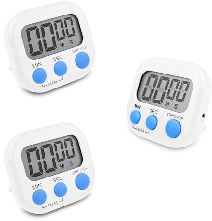 Fousenuk 3 Stück Eieruhr Weiß, Timer Digital, Küchentimer Küche, Kurzzeitwecker Magnetisch, Stoppuhr mit Einklappbarer Ständer, Timer mit Großem LCD-Display für Kochen Backen Sport Studieren