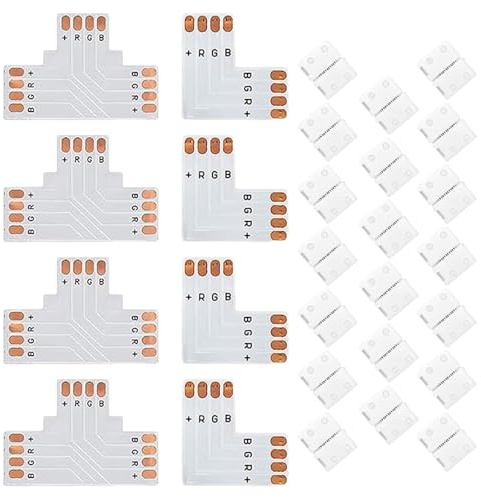 KWJEIULSOQ 28 Stück LED-Lichtverbinder: 4 L-Form 4-Polig, 4 T-Förmige Anschlüsse, 20 Verbindungs-Clips, 10 mm breit, lötfreier RGB-Adapter für RGB SMD 5050/3528 LED-Lichtstreifen