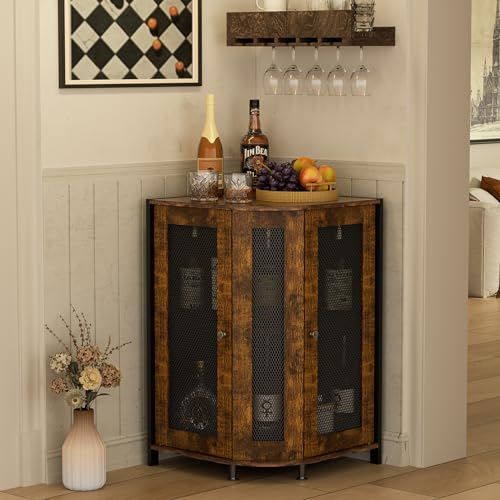 JKsmart Corner Storage Cabinet with Open Shelf, 3-Tier Industrial Wine Bar Shelf with Door, Industrial Corner Cabinet for Kitchen, Dining Room, Rustic Brown