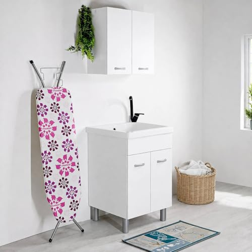 Jo-Bagno.it Mobile LAVATOIO Ceramica 60 x 60 x H 88 ATHENA Design Bianco Incluso di PILETTA in Acciaio E SIFONE Pilozza Profonda 33 cm con strizzatoio (Foro DX)