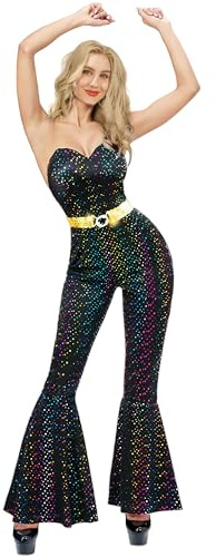 Spooktacular Creations 70er-Jahre-Disco-Kostüm für Damen, schwarzer Pailletten-Disco-Overall, Disco-Kostüm für Erwachsene mit Gürtel für Bühnenauftritt und Halloween-Verkleidungsparty S