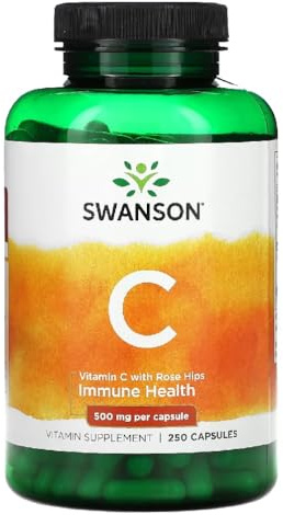 Swanson - VITAMIN C WITH ROSE HIPS - 500 MG | Vitamina C con Escaramujo | Apoyo para el Sistema Inmunológico - 250 Cápsulas