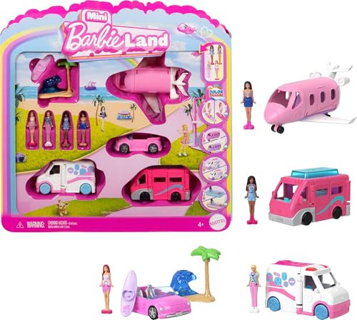Barbie Mini Barbie Land 4er-Set Puppen- und Spielzeugfahrzeugset mit 4 ca. 3,8 cm großen Barbie-Puppen und 4 kultigen Spielzeugfahrzeugen mit überraschendem Farbwechsel, JGL30