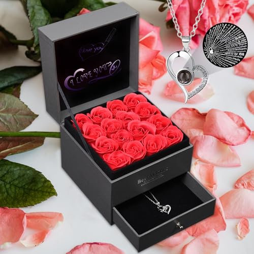 PatNlevs Rose Eternelle Artificielle avec Collier - 16 Pièces Fleur Eternelle Cadeau Parfait pour Femme, Mères et Épouses - Idéal pour Anniversaire, Saint-Valentin, Fête des Mères et Noël (Rouge)