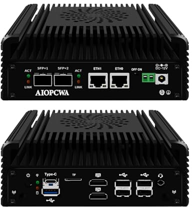 AIOPCWA Mini PC Firewall Micro Appliance Dual 10GbE SFP+, 12th Gen N100 10Gigabit, 2 Port i226V 2.5GbE LAN, OPNsense Hardware, Type-C, TF, 2 Display, Barebone NO RAM NO SSD NO OS