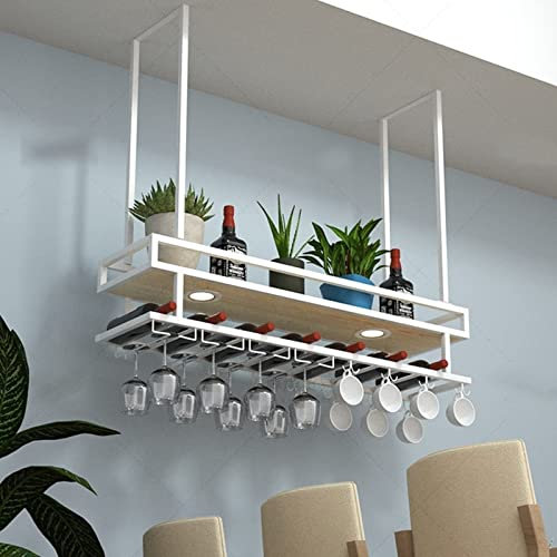 SFNIOKFG Armadietto portabottiglie sospeso, portabicchieri da Vino sospeso in Legno - Loft Ristorante Scaffale da soffitto in Ferro Decorazioni per la casa per, Scaffale portaoggetti montat