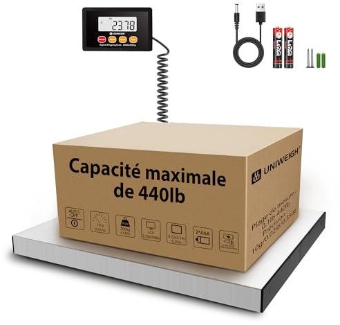 UNIWEIGH Digital postvåg, 199 kg x 10 g paket fraktvåg, rostfria stålplattformar, slitstark skala med håll/tara/LCD-skärm, portoskala för paket/lager/bagage, inkluderat batteri och USB