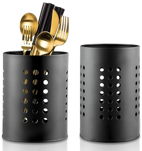 Ksvaye 2 Stück Küchenutensilienhalter Schwarz Utensilienhalter Küche Edelstahl Behälter für Küchenutensilien Küchentheke Besteckständer Runden Besteckabtropfkorb für Arbeitsplatte Aufbewahrung