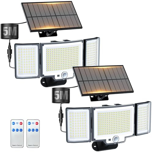 nipify Solarlampen für Außen mit Bewegungsmelder, 366 LED Solar Aussenleuchte mit Fernbedienung, 3Modi 270°Weitwinkel IP65 Wasserdichte Led Solar Bewegungsmelder Außen mit 5m Kabel- 2 Stück