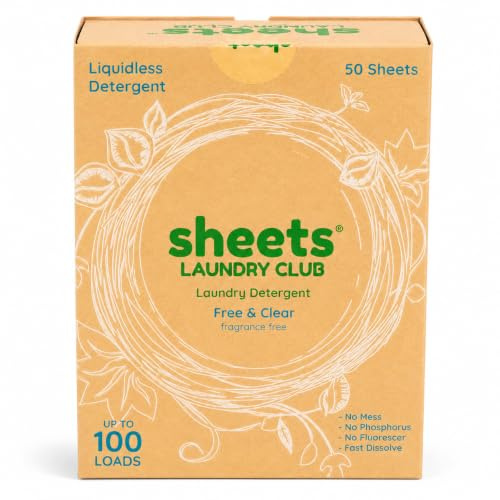 Sheets Laundry Club 50 Blatt Waschmittel (bis zu 100 Brauen) – parfümfrei – Neue flüssigkeitsfreie Technologie – essentieller Reise-Reinigungsbedarf
