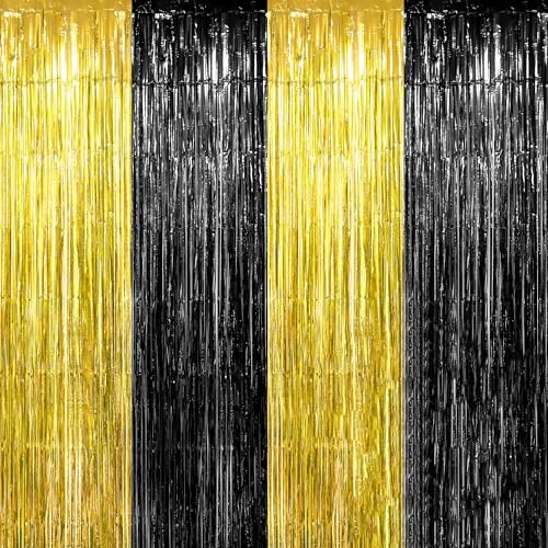 Luktastic Lametta Vorhang,Glitzervorhang 4 Stück 1x3m,Laser Rot,Fransenvorhang,Luftschlangen Geburtstag,Schwarz + Gold