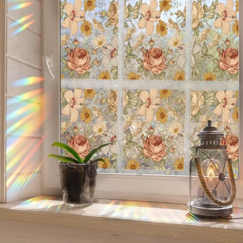 Runtoo Sichtschutzfolie für Fenster, Regenbogenfarben, Boho-Blumen, Fensteraufkleber, 3D-Dekor, Vinyl, Buntglas, Vintage, Blumen-Aufkleber, statischer Aufkleber, nicht klebend, 43,2 x 101,6 cm