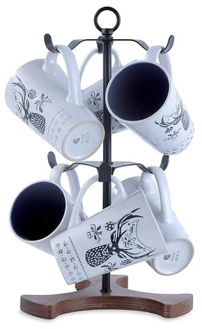 Becherbaum für Arbeitsplatte 2 Ebenen für 6 große Tassen, 142 ml bis 590 ml, platzsparend, mit Massivholzsockel, Küchentheke Organizer u