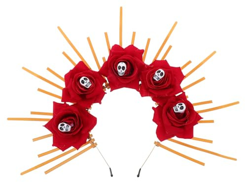 FRCOLOR Halloween Blomster Huvudband, Gotic Spikad Krona med Röda Rosor, Skalle Hårband för Día de los Muertos, Cosplay Kostym Hårband, Fest- och Festivalaccessoar för