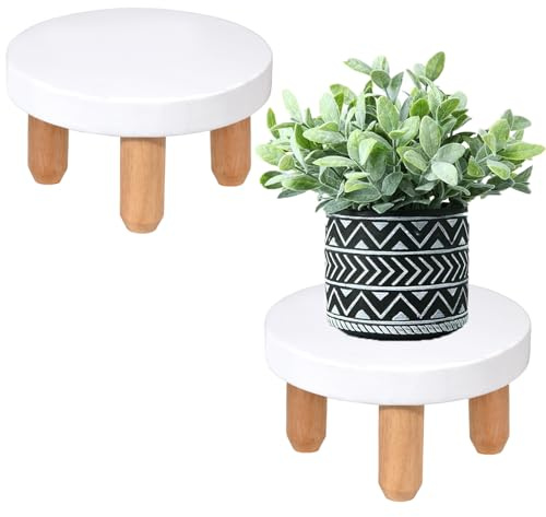 ARTORA Small Wooden Riser, Decorative Round Wood Desktop Plant Stand Mid Century Kitchen Counter Pedestal Stand for Centerpiece Pet Bowl Holder (White, 2 Pack)