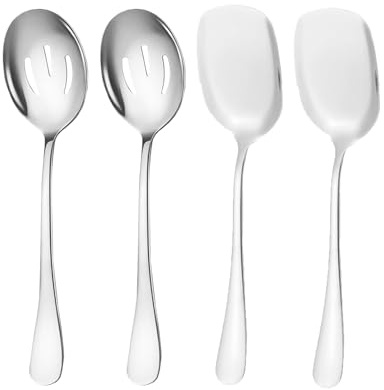 Lot de 4 grandes cuillères de service en acier inoxydable avec long manche pour servir la cuisine, le restaurant, le banquet (argenté)