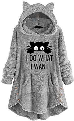 Gatto lungo con un pulsante, maniche carine in pile, da donna, con cappuccio, tasche con cappuccio, grigio., XXL