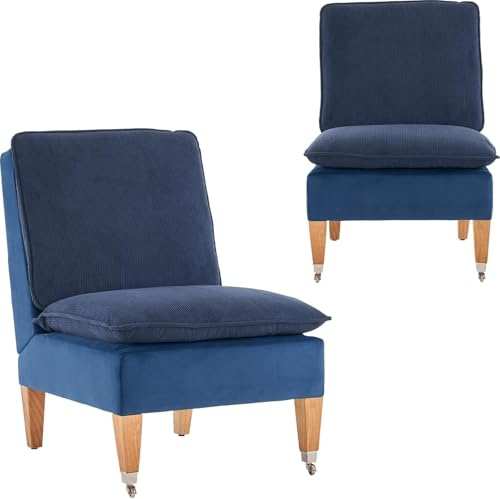Fiximaster Armloser Sessel, Moderner Lesesessel aus Cordsamt, Loungesessel für Schlafzimmer mit Zwei Rädern, geeignet für Wohnzimmer, Schlafzimmer und Empfangsbereich (blau neu)