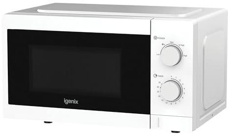 Igenix 20L 800W White Manual Microwave – 5 Power Levels, Defrost Setting, 35-Min Timer, Push Button Door, 255mm Turntable – IGMS08080W