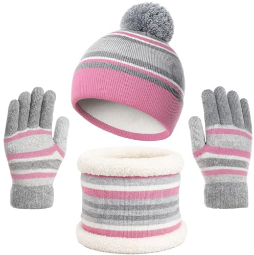 GWAWG 3 Pieces Hat And Scarf Sets for kids Winter Pom Pom Hat Scarf Gloves Set for Girls Boys Warm Knitted Beanie Hats Snood and Gloves for Children Aged 5-12 Outdoor Sports