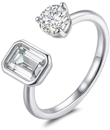 ZUOHUI Bague ouverte ajustable en argent sterling S925 avec moissanite/zircon taille émeraude 5x7mm, for femmes et hommes, alliance asymétrique empilable, mariage/anniversaire(White gold Moissanite,5)