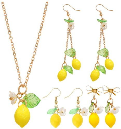 4tlg Schmuckset Zitrone, Halskette und Limetten Ohrringe für Damen, Harz Frucht Schmuck, Zitronen Kostüm Accessoires, Sommer Hängeohrringe, Süßes Geschenk für Frauen Mädchen