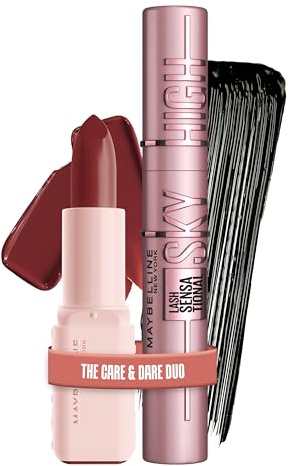 Maybelline New York Make-up Set: Sky High Mascara Very Black für extreme Länge & Volumen + Serum Lippenstift Satin für 8H Feuchtigkeit & strahlende Farbe, Gepflegte Lippen & Volle Wimpern, 2-teilig