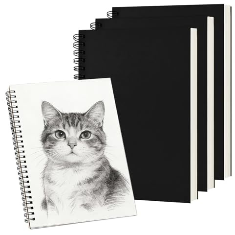 3 Stück A4 Skizzenbüch, 90 Blatt/ 180 Seiten, 160 G/M², Zeichenbuch mit Spiralgebundenes, Skizzenheft A4 Blanko für Kinder & Erwachsene, Ideal für Zeichnen Skizzen Malerei Notizen Graffiti(Schwarz)