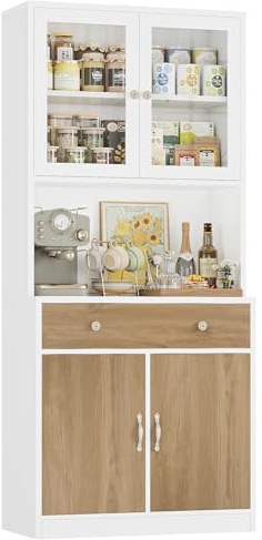 HOCSOK Credenza Cucina 180 cm, Alta Dispensa Cucina, Vetrina con Ripiani Regolabili, 2 Porta in Vetro, Microonde con Ripiani Aperti e Cassetti, Mobile Soggiorno